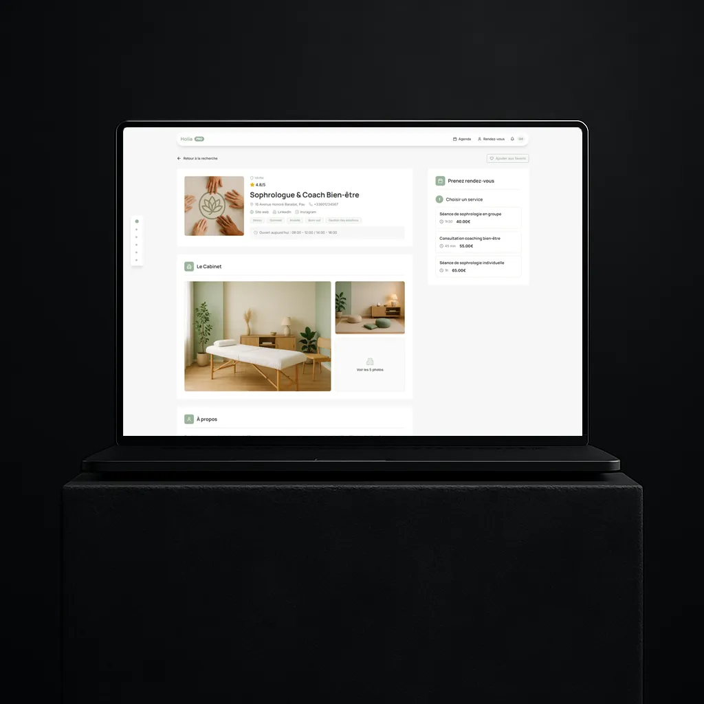Interface UX/UI de la plateforme SaaS Holia sur mobile et desktop, design épuré pour le bien-être.