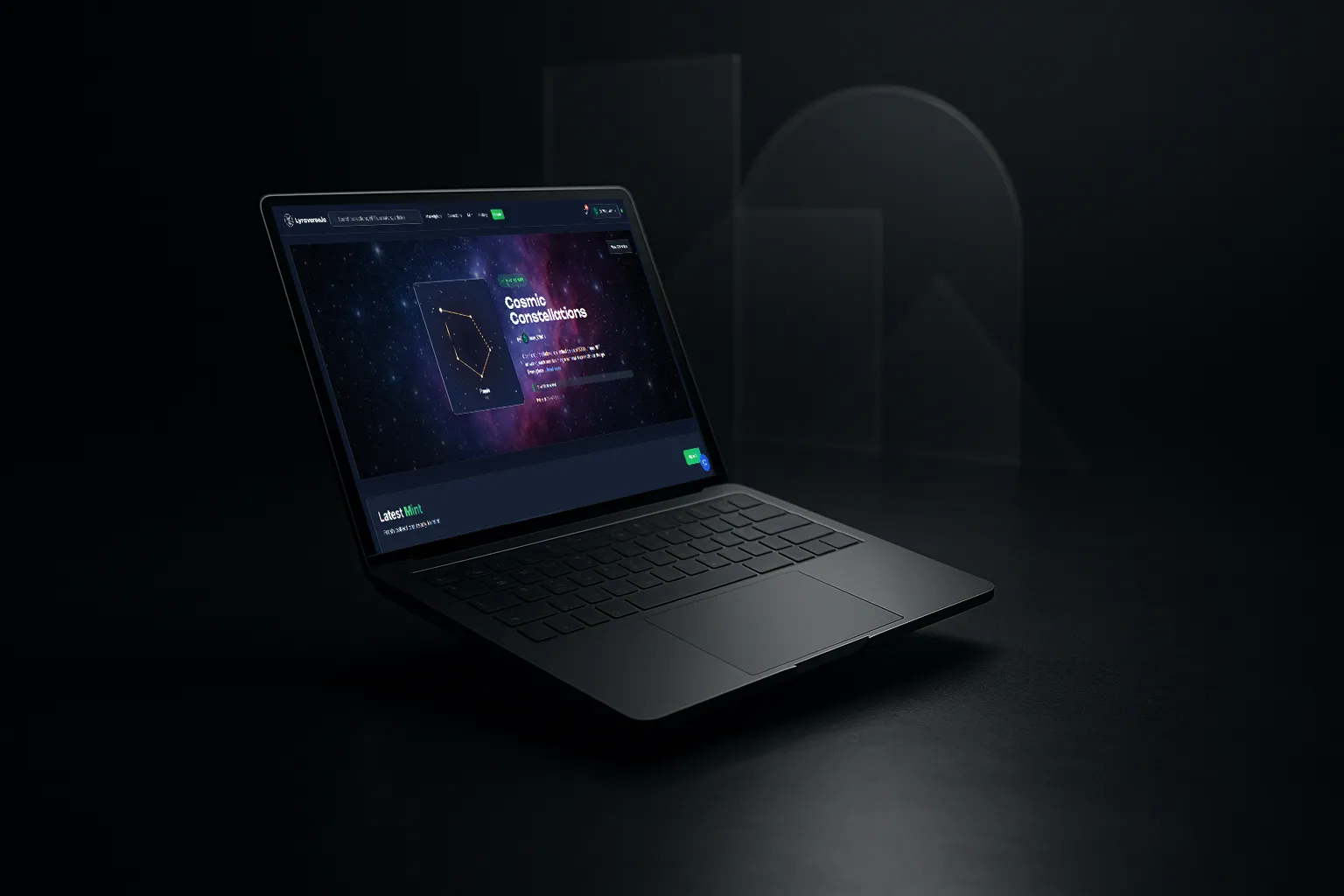 Mockup sombre du terminal de trading NFT Lyraverse, design Web3 high-tech.