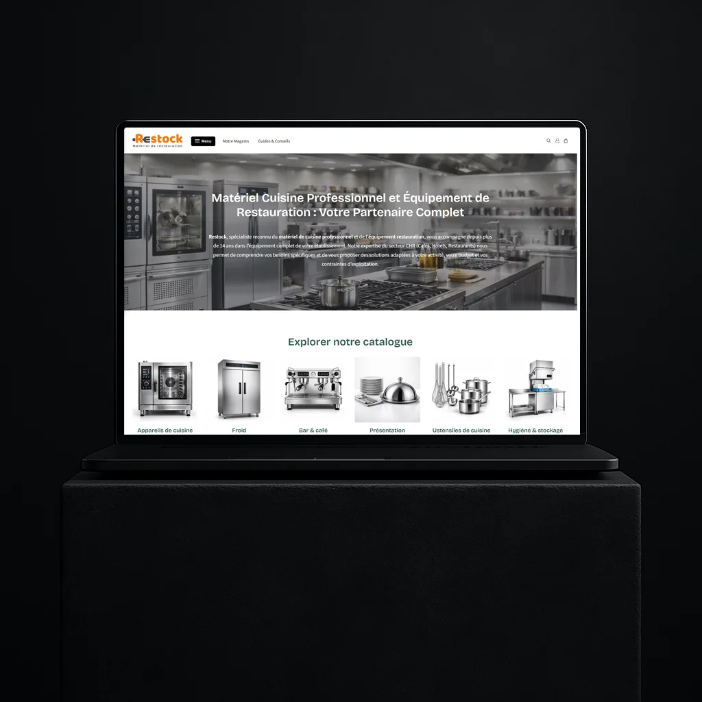 Menu de navigation complexe et catalogue e-commerce B2B Restock sur écran large.